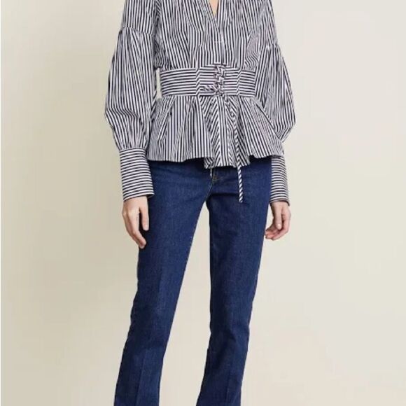 Parker Elena Pinstripe Blouse with Long  Sleeve & Corset Lacing. Size Medium. - Picture 4 of 9